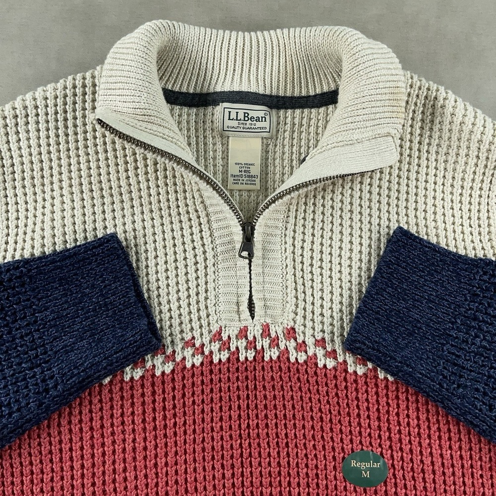 L.L. Bean Cable Knit Quarter Zip Sweater Long Sleeve Color Block Mens Medium NWT - Picture 4 of 13